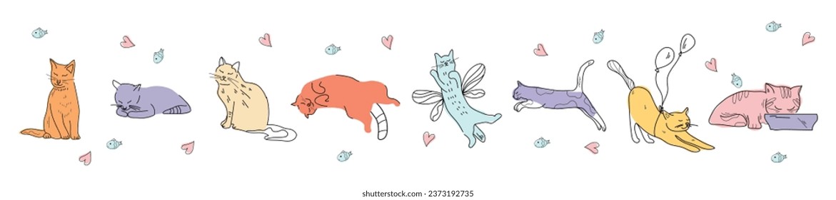 Set of many cute cats on white background