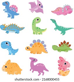 Set of many cute dinosaur cartoons. on a white background