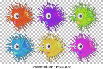 Set of many cute sea urchins cartoon character on transparent background illustration