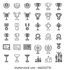 Set of many detailed vector award and trophy icons, including, lots of cups, medals, certificates, podiums and more
