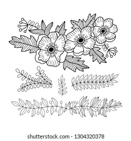 Set of the many detailed vector vignettes and floral and flower leaf illustrations for design and decoration of the bullet journal