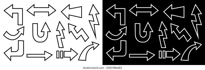Set of many different arrow icon. Collection of outline black arrow signs and direction pointers in different styles. Vector illustration isolated on white background.
