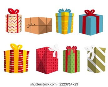 Set with many different beautiful gift boxes on white background, illustration