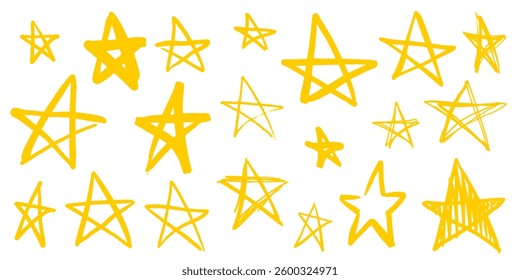 set of many different doodle stars. Collection of brushstrokes and hand drawn elements for holiday paper or celebrations. brush drawn sketch and yellow 