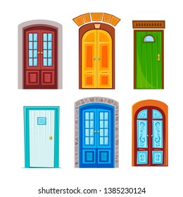 Set of many different doors. Vector illustration in flat style.