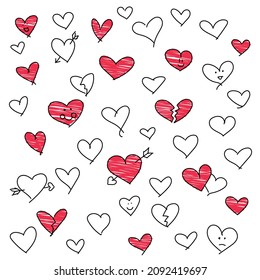 Set of many different handdrawn hearts