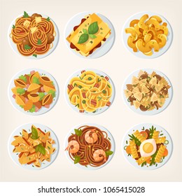 Set of many different kinds of pasta dishes from top. Vector illustrations view from above.