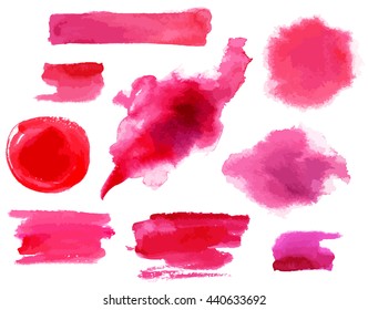 A set of many different red and pink brush stroke textures for design, scalable vector graphic (circles, frames and stains)