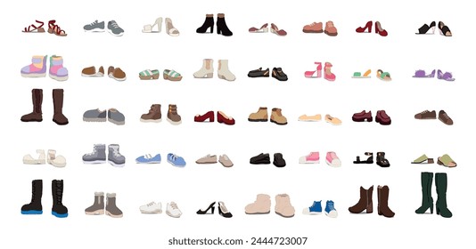 Set of many different shoes for children and adults on white bac