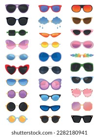 Conjunto de muchas gafas de sol diferentes sobre fondo blanco