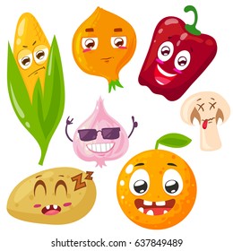 Set of many different vegetable characters. Vector illustration isolated on white background. Cartoon style. Different emotions. 