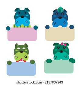 Set of many dog faces, many colors, holding blank sheets of paper for writing letters. 