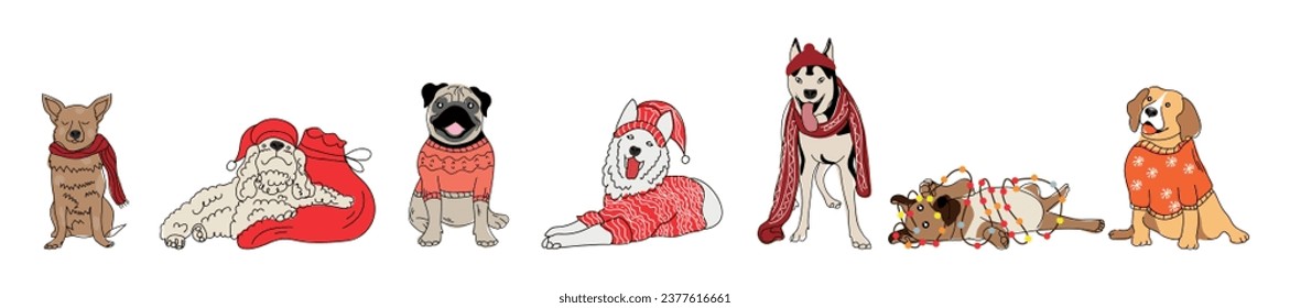 Set of many dogs in Christmas clothes on white background