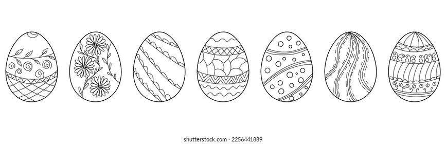Set of many drawn Easter eggs on white background