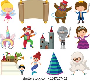 Set of many fairytale characters on white background illustration