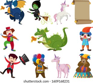 Set of many fantacy characters on white background illustration