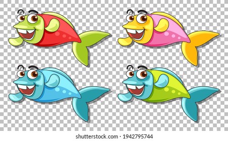 Set of many fishes cartoon character isolated on transparent background illustration