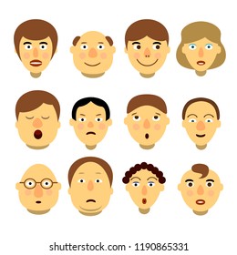 Set of many funny, different, man and woman faces