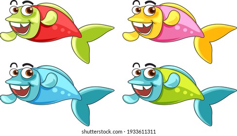 Set of many funny fishes cartoon character isolated on white background illustration