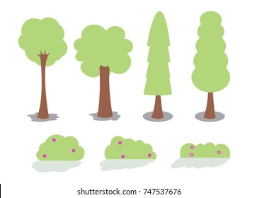Set Many green trees With shrubs Vector