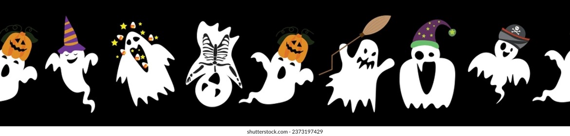 Set of many Halloween ghosts on black background
