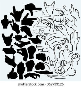 Set of many hand in a different phases. Vector silhouettes