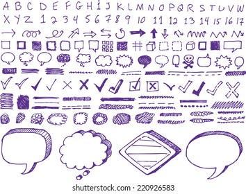 Set of many hand-drawn arrows isolated vector highlighter elements