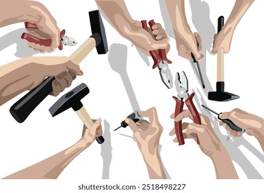 Set of many hands holding different tools.