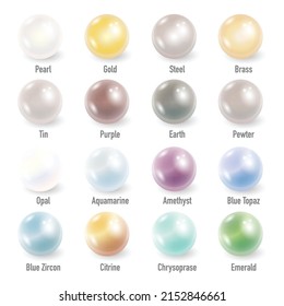 Set of many pearls different colors isolated on white background with colour name