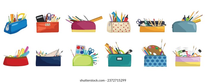 Set of many pencil cases with stationery on white background