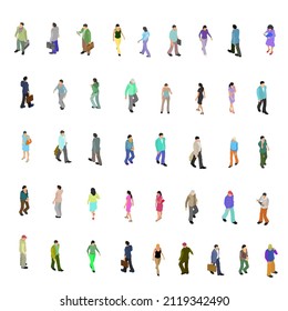 Set with many people in different poses isolated on white background. Flat style. Men and women walk, run, read, with suitcases. Isometric view. Vector illustration