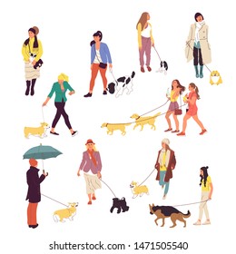 Set of many people walking with dogs on a leash. Isolated on white background. Flat style cartoon stock vector illustration.
