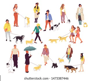 Set of many people walking with their dogs. Men and women outdoors with pets. Corgi, labrador, retriever, shepherd, spaniel, shiba inu, terrier, chihuahua. Isolated on white background. Flat cartoon