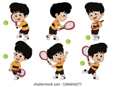 Set of many pose,kids playing tennis.Vector and illustration.