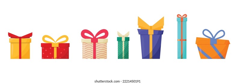 Set of many present box, gift boxes isolated on white background. Present for Christmas or Birthday. Vector illustration.