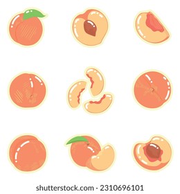 Set of many ripe peaches on white background