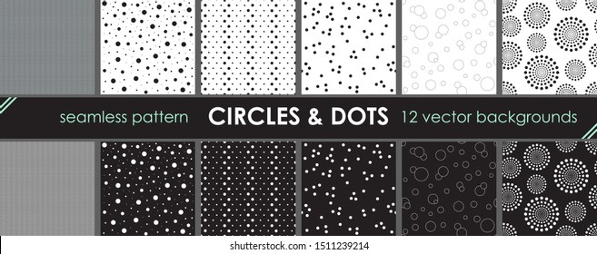 A set of many seamless patterns. Monochrome background with circles and dots. Orderly and chaotic designs for your graphic design. Polka dots. 