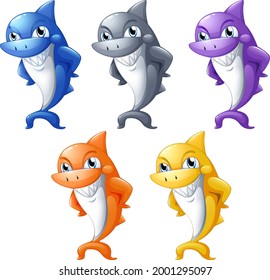 Set aus vielen lächelnden, süßen Haifisch-Cartoon-Zeichen einzeln auf weißem Hintergrund grafik