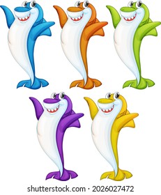 Montaje de muchos personajes de caricatura de tiburón lindo y sonriente aislados en ilustración de fondo blanco