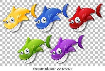 Set of many smiling cute shark cartoon character isolated on transparent background illustration