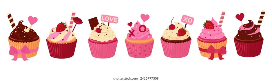 Set of many tasty cupcakes for Valentine's Day on white backgrou