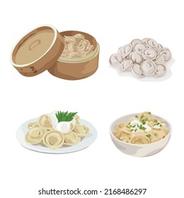 Set of many tasty dumplings on white background