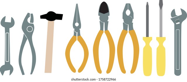 Set of many tools on a white background