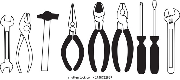 Set of many tools on a white background　black and white