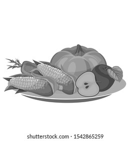 A set of many types of delicious fruits and vegetables that lie on plates. Gray tones. Isolated vector illustration.