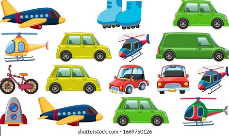 Set of many types of transportations on white background illustration