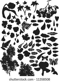 Set of many unique silhouettes with flowers and leaves