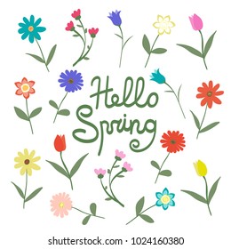 Set of many variation of flowers isolated on white background with text lettering HELLO SPRING vector illustration postcard. Happy, cute, hand drawn with love.