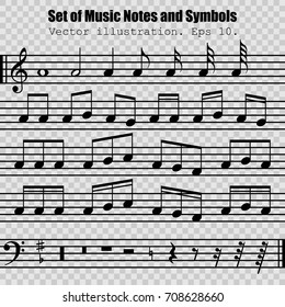 Set of many various black notes and symbols. Collection musical symbol. Music Notes isolated on transparent background. Vector illustration. Eps 10.