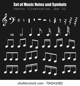 Set of many various notes and symbols. Collection musical symbol. Music Notes isolated on black background. Vector illustration. Eps 10.